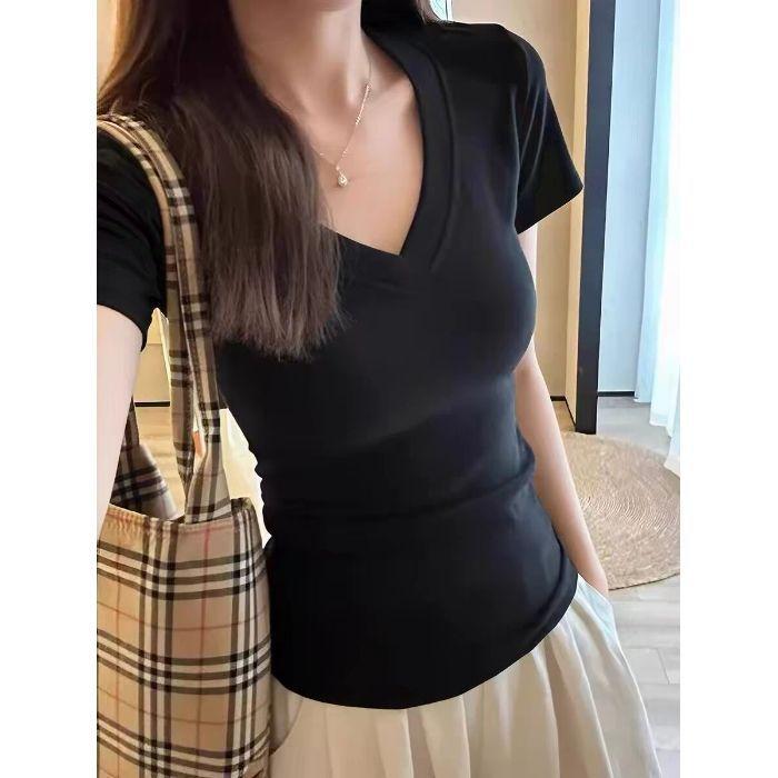 American retro V-neck short-sleeved T-shirt women's summer basic solid color inner slim-fitting top bottoming shirt