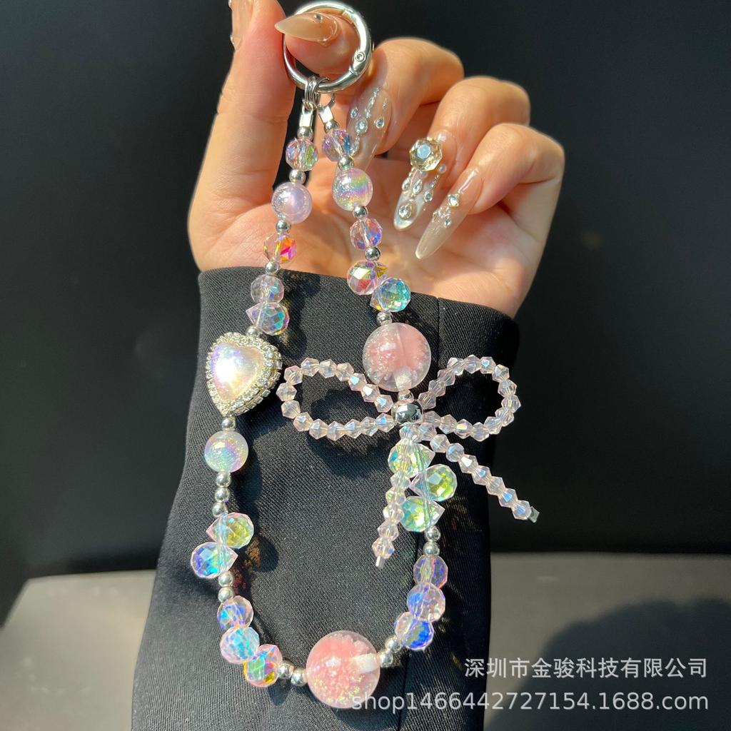Ins Feng Shui Rhinestone Heart Phone Chain Crystal Bowknot Phone Chain Handmade Beaded Chain Rope New Anti-Lost Rope