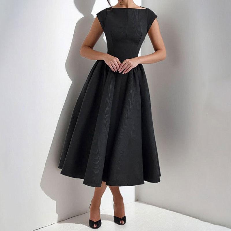 European and American women's clothing, new spring models, elegant solid color sleeveless round neck waist swing dress