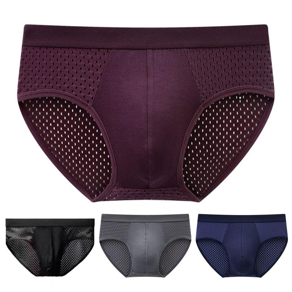 Men Briefs Mid-rise Elastic Waist Panties Breathable Holes Ultra-thin Solid Color Underwear U-convex Traceless Briefs
