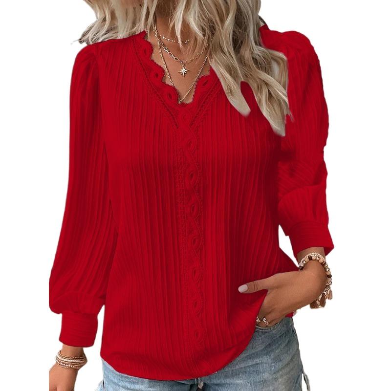 Women's Fashion Casual Spring Fall Solid Color Print Pullovers & Long Sleeves V-Neck Blouses & Shirts