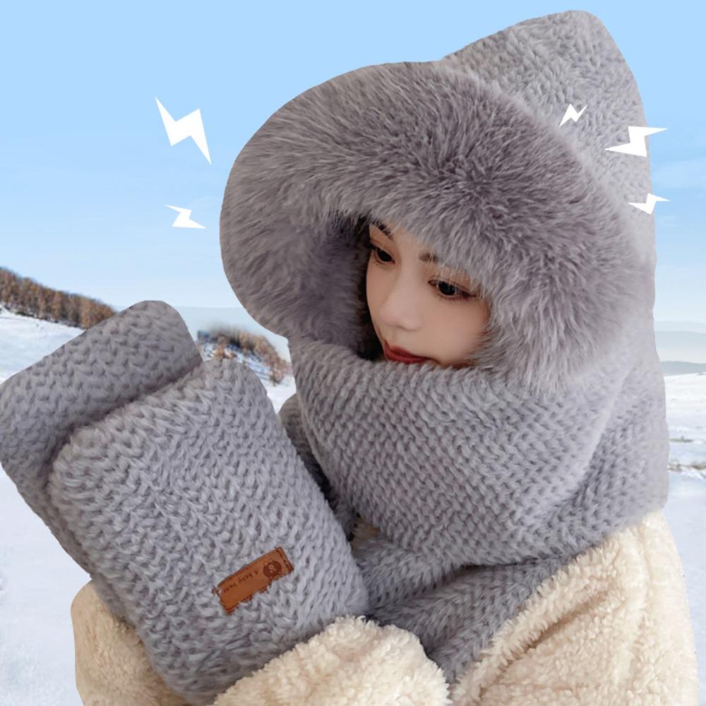 Thickened Plush Women Beanies Cap Cute Bear Ear Integrated Cap Scarf  Autumn Winter