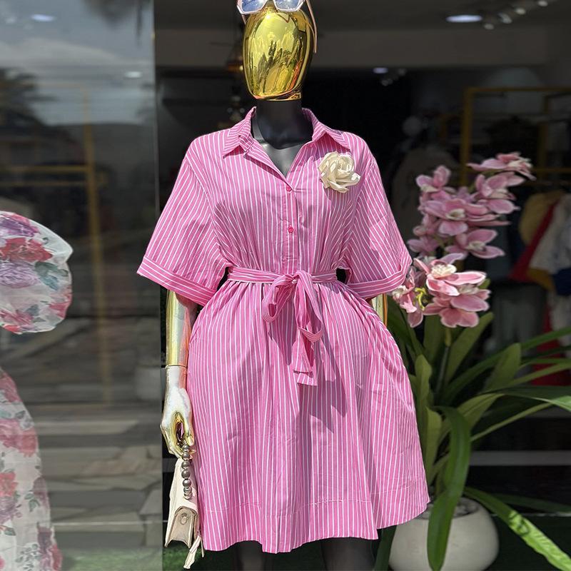European and American Women's Clothing Spring New Fashion Lapel Tie Pink Striped Short-sleeved Shirt Dress