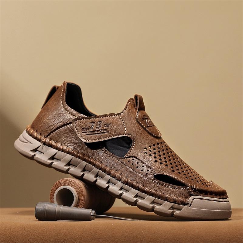 Fashion Men's Casual Leather Sandals Lightweight Summer Flats Stylish Beach Shoes Comfortable Hollow Out Loafers Male Magic Glue Sandals