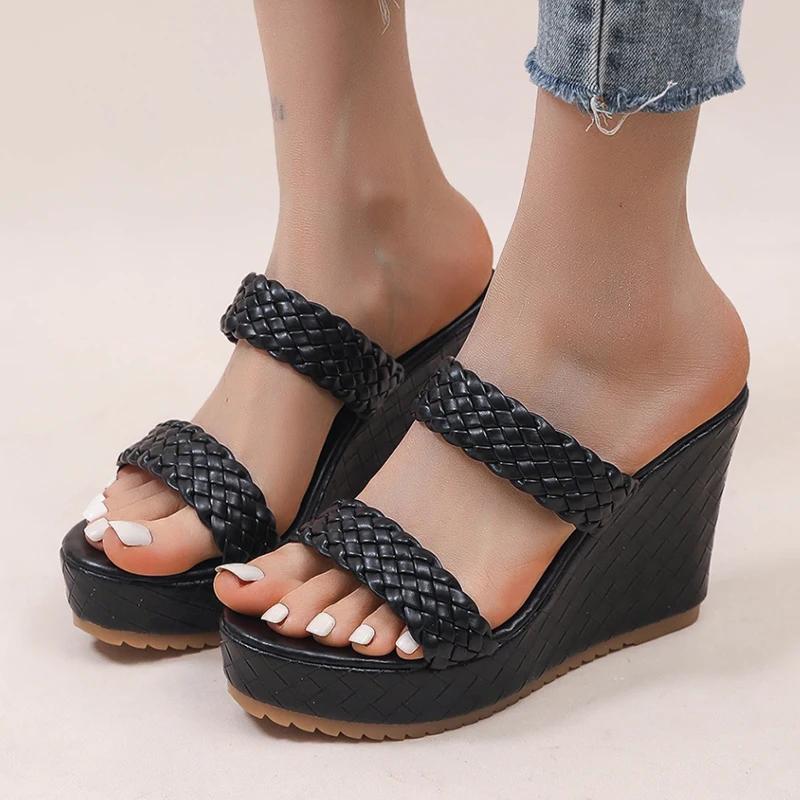 Fashion Women's Retro Thick Bottom High Heel Sandals Woven Patent Leather Wedge Sandal Female Office Ladies Non Slip Black Slides Mujer