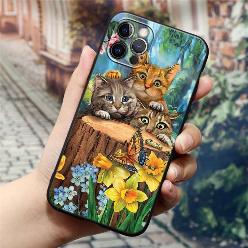 Apple Hülle für iPhone 11 12 13 mini Pro Max XS X XR 7 8 6 plus SE 2020 Weiche Silikonhüllen Cover Niedliche Cartoon Katze Blume Tier