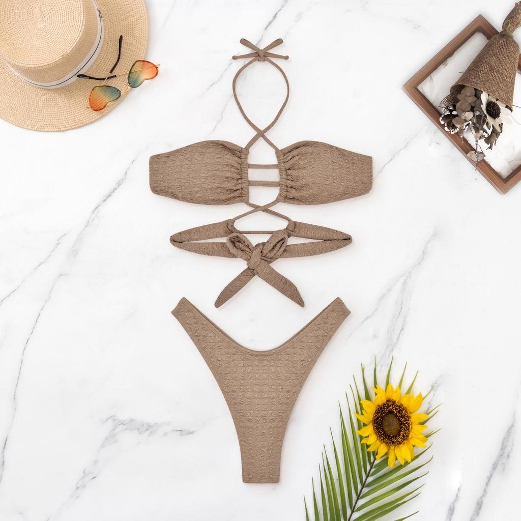 2024 Sexy Solid Color Gathered Bikini Women's Three-Piece Swimsuit