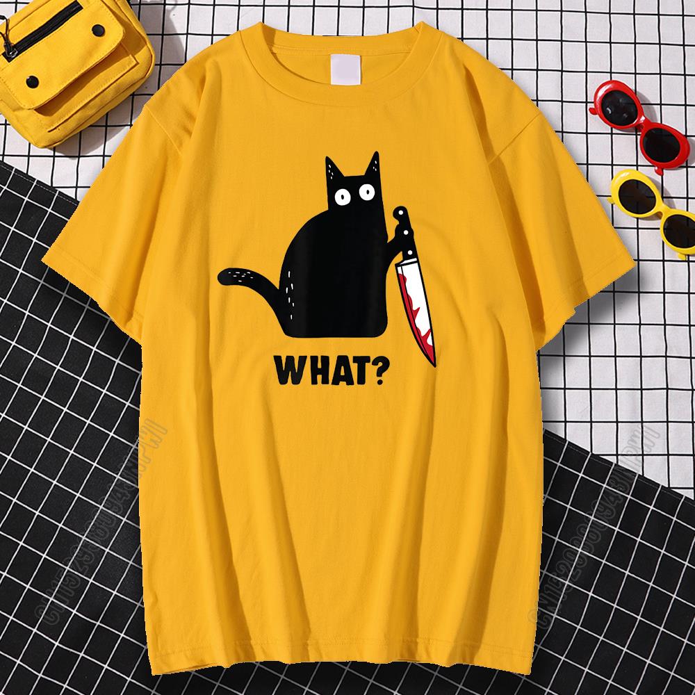 Cat What T Shirt Murderous Cat With Knife Funny Halloween Gift Cotton High Quality Men's Oversized Novelty T-Shirt Women Tee