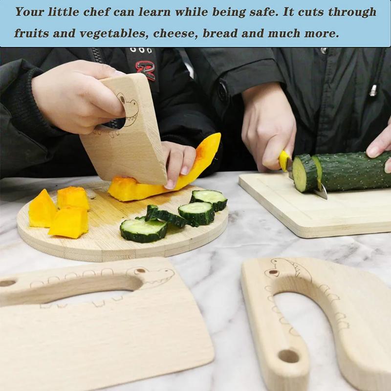 Wooden Kids Knife for Cooking Cute Fish Dinosaur Shape Kitchen Toy Vegetable Fruit Cutter Tool Toys Wood Child
