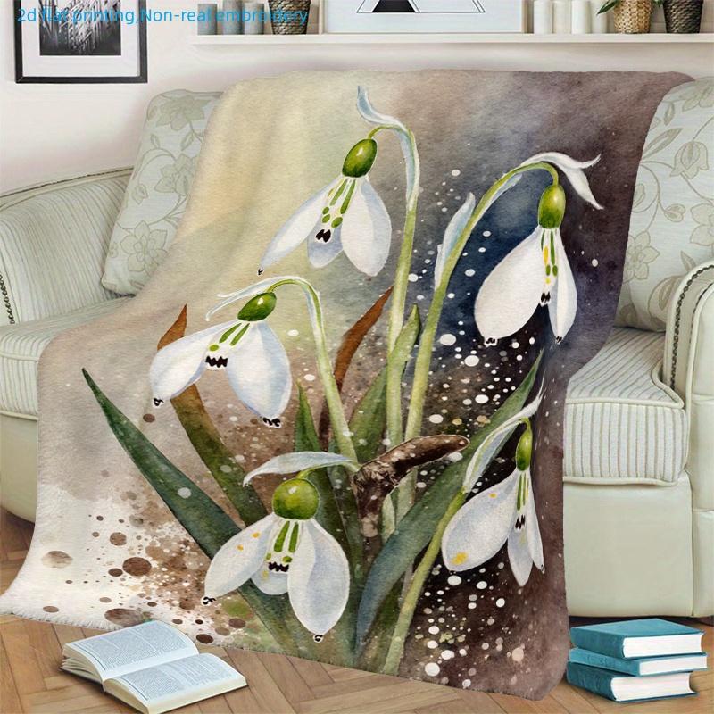 1pc Watercolor Floral Printed Blanket, Snowdrop Flower Design, Multi-Size Available, Suitable for Living Room, Bedroom, Study, Balcony, Office