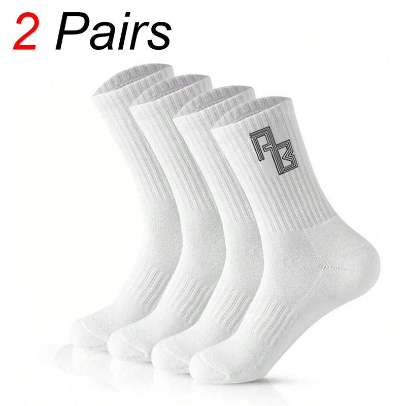

2 Pairs Men AB Letter Mid Tube Socks Fashionable Versatile Solid Color Towel Bottom Soft Comfortable Breathable Casual Socks One Size