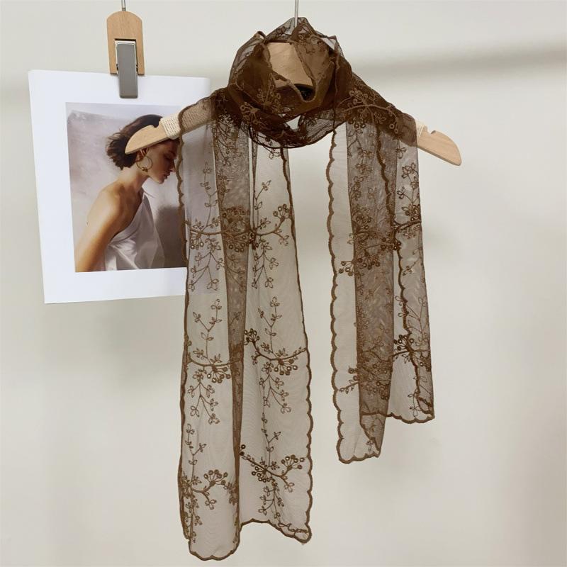 New Lace Long Scarf Embroidered Small Flower Silk Female Korean Version Literary Retro Versatile Decorative Shawl Summer