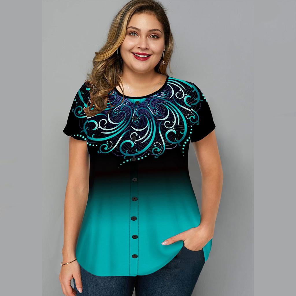Dámská móda Květinový potisk Krátký rukáv Halenky Topy Trička Plus Size 6XL