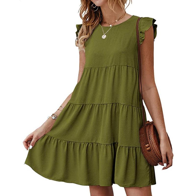 

Women s Summer Casual Tiered Ruffle Mini Dress Round Neck Ruffle Short Sleeve Solid Color Flowy Swing Dress for Daily Wear Beach Vacation 2XL зелений
