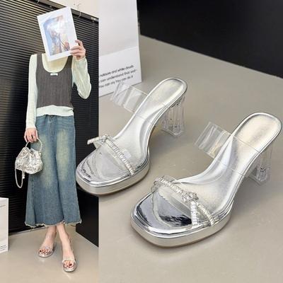 One Character Open Toe Thick Heel Transparent 9cm High-heeled Slippers for Women's Summer Outdoor Wear Sexy Crystal Sandals