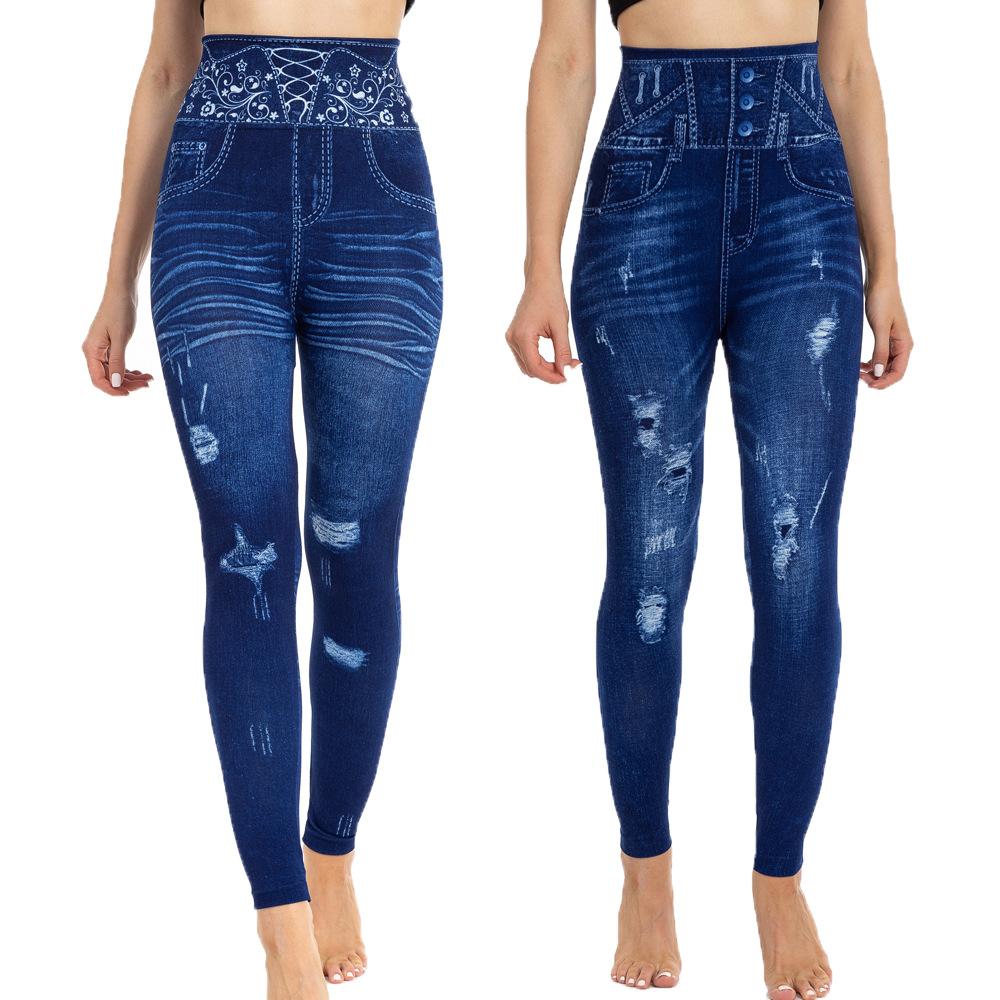 Plus Size High Waist Ripped Skinny Pants Women Spring Casual Print Elastic Waist Skinny Yoga Leggings Sporty Bottoms