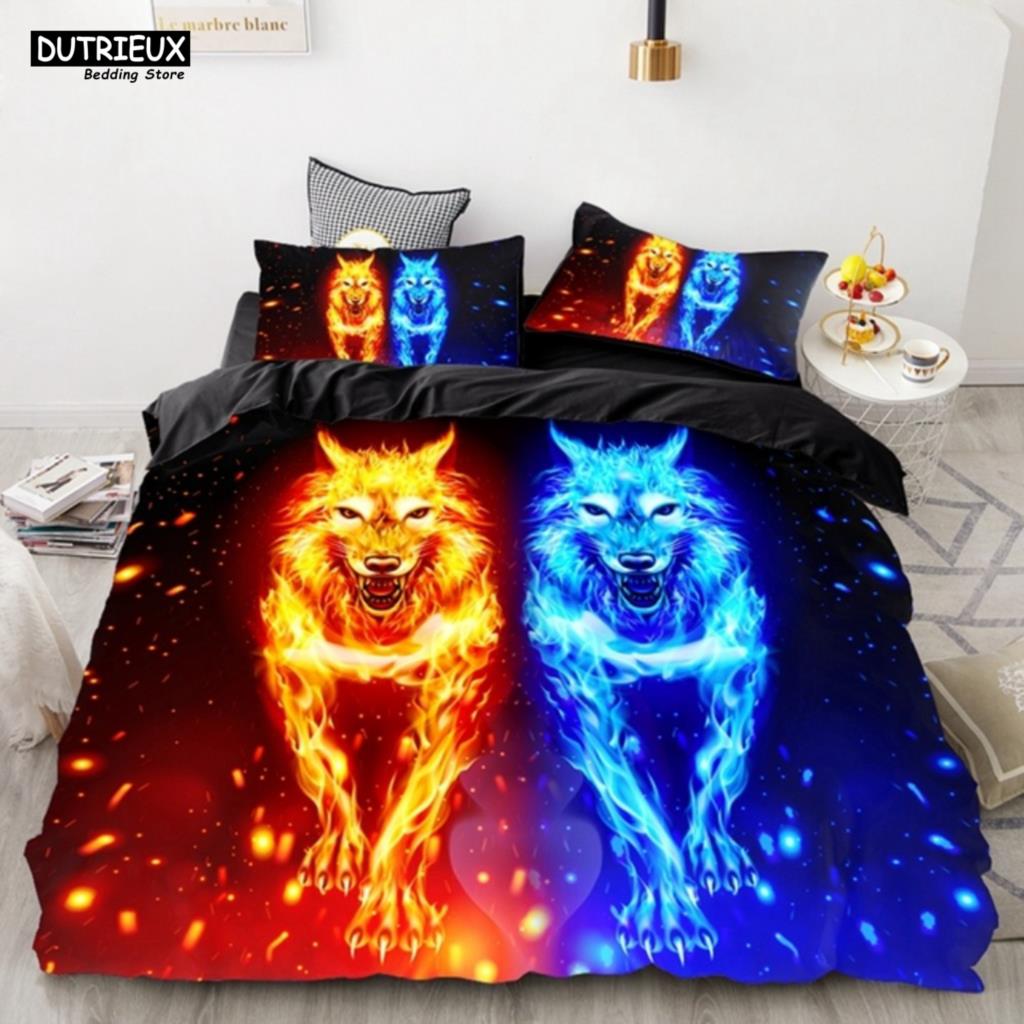 Comforter 3 - Pcs Strong Lions Tiger & Flame Wolf - Themed Bedding Set With Ideal For Kids & Women'S Rose Room Decor