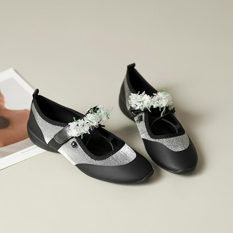 

New retro sports style Velcro leather Mary Jane shoes black versatile flower round head ballet shoes 35 чёрный