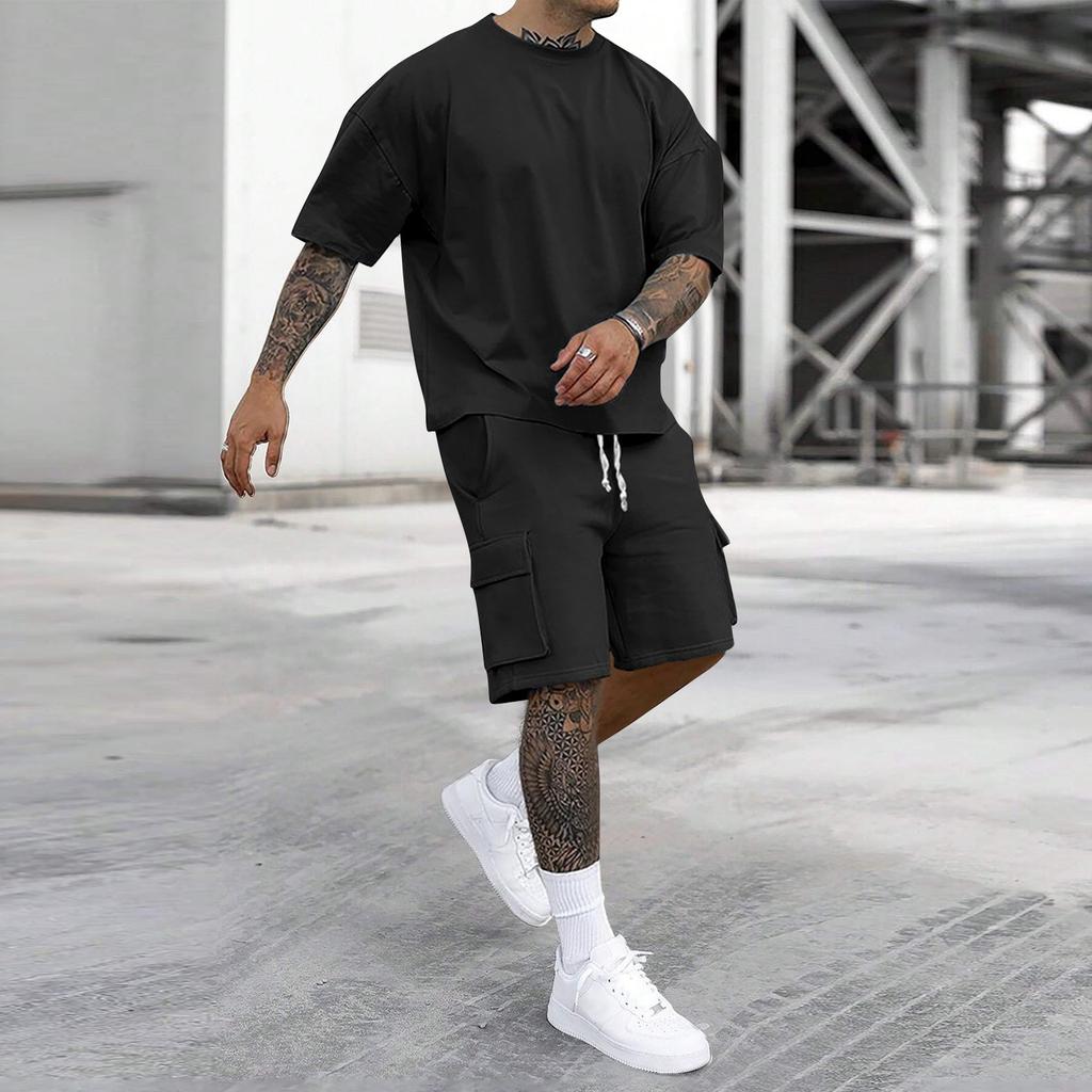 Men's Casual Short Sleeve T-Shirt and Cargo Shorts Set Lightweight Breathable Fabric Loose Fit Summer Outfit