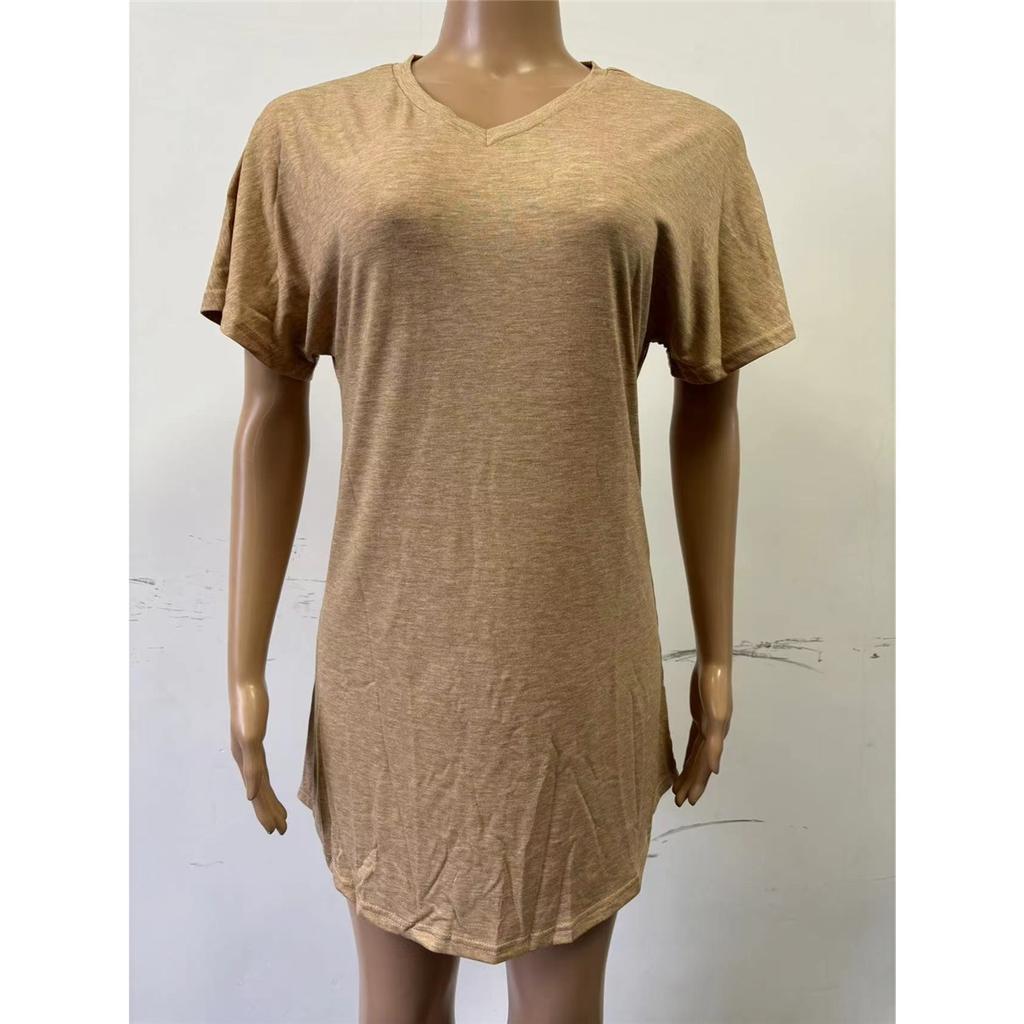 Women's pajamas dress Khaki short-sleeved V-neck casual dress