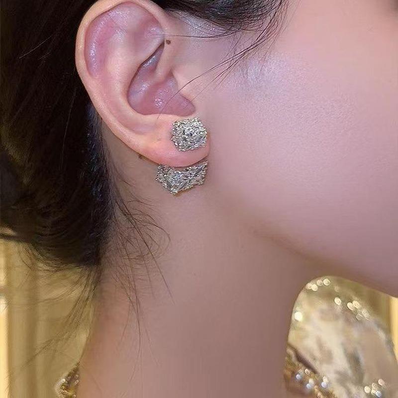 Silver Needle Super Flash Zircon Square Two-wear Stud Earrings Fashionable and Elegant Temperament Earrings Light Luxury High-end Earrings Wholesale
