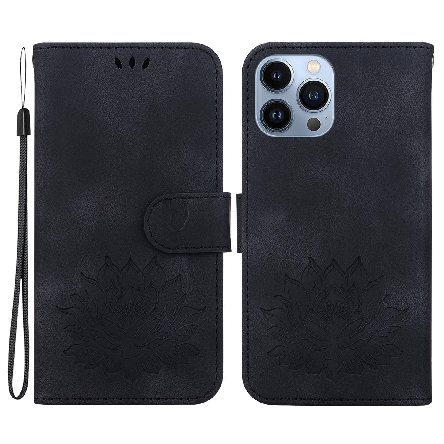 

For iPhone 15 Pro Max Lotus Imprinted PU Leather Wallet Case Stand Folio Flip Phone Cover Black