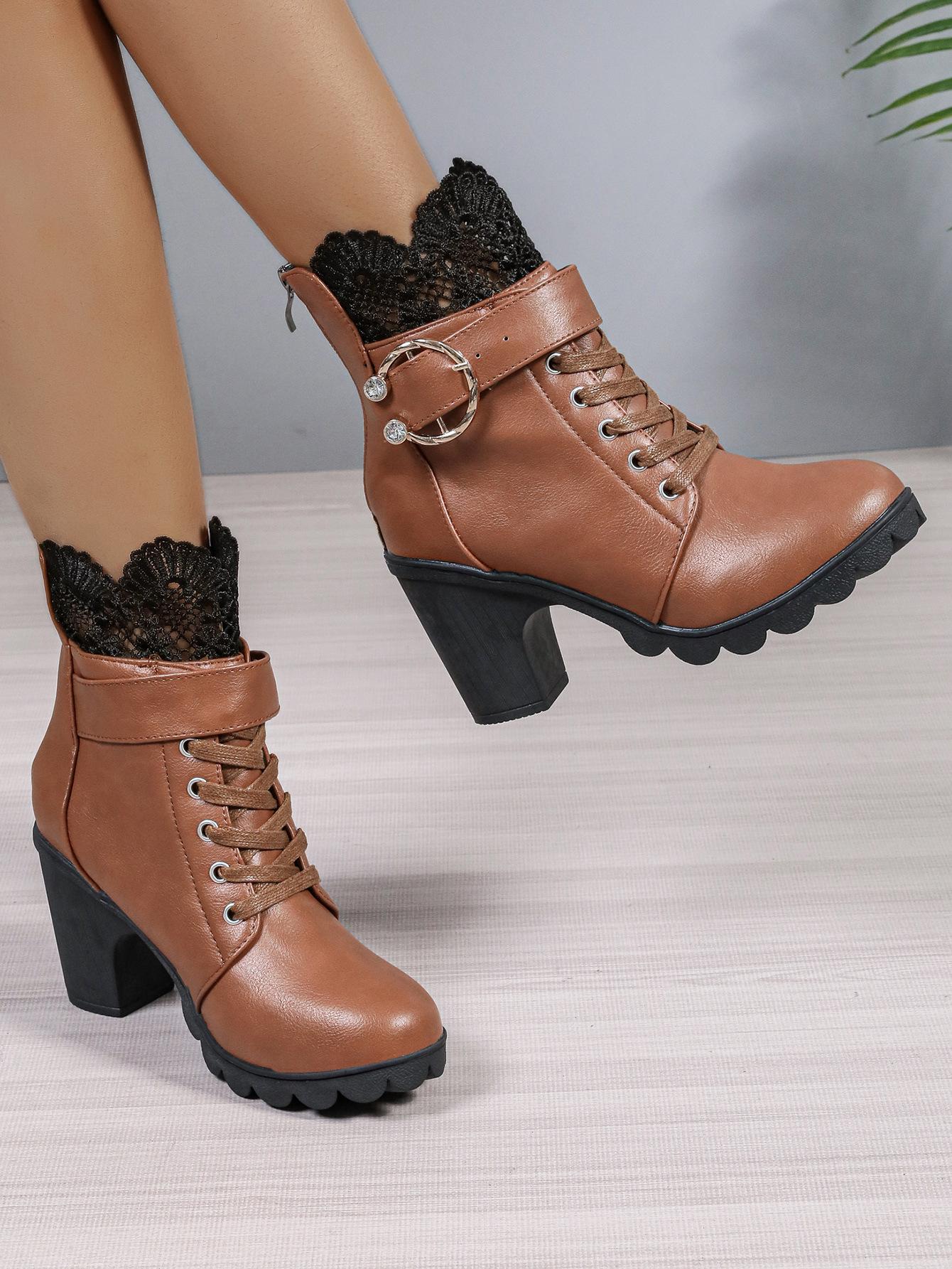 

Autumn and winter new short boots large size high heel thick heel round head lace strap rear zipper thick-soled women s boots 35