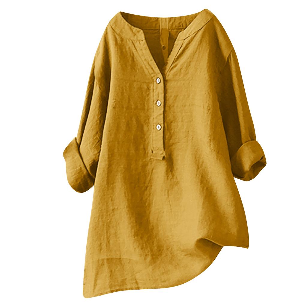 Camicia estiva taglie forti tinta unita casual in cotone e lino, camicetta vintage con tasca, abbigliamento da donna
