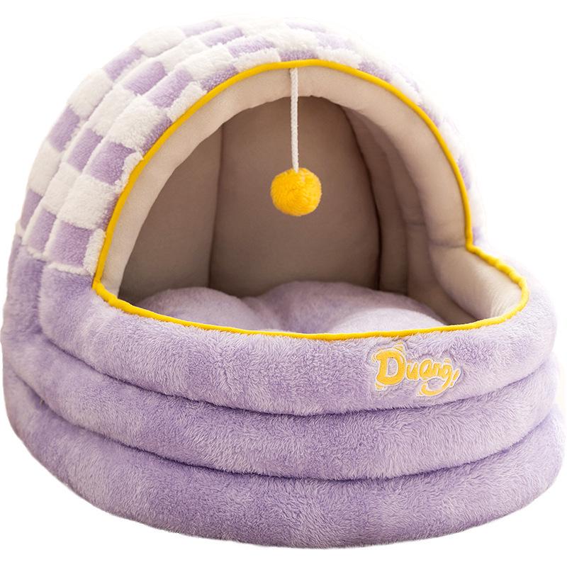Checkered Cozy Cat and Dog Bed: Warm, Semi-Enclosed, Rocking Nest for Autumn/Winter