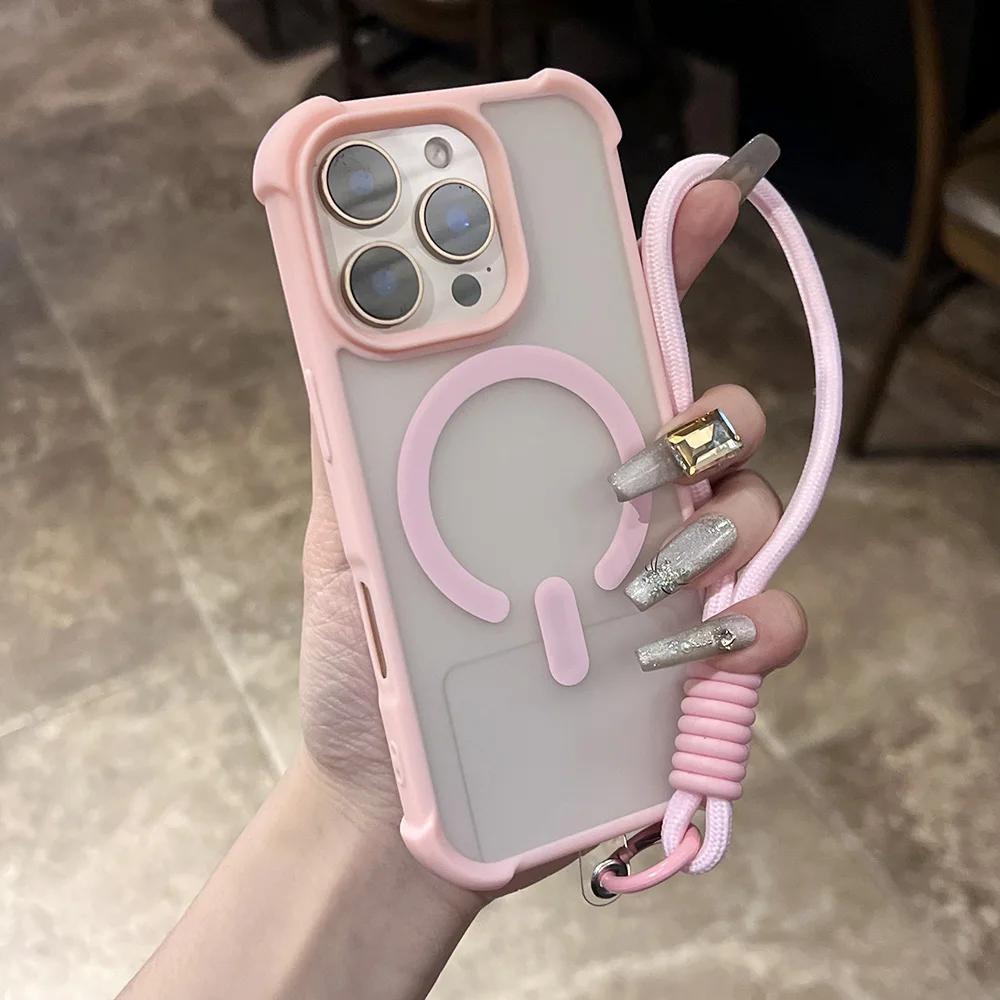 Matte Shockproof Armor For Magsafe Wireless Charge Case for iPhone 17 16 15 14 Plus 13 12 11 Pro Max Clear Wrist Strap Cover