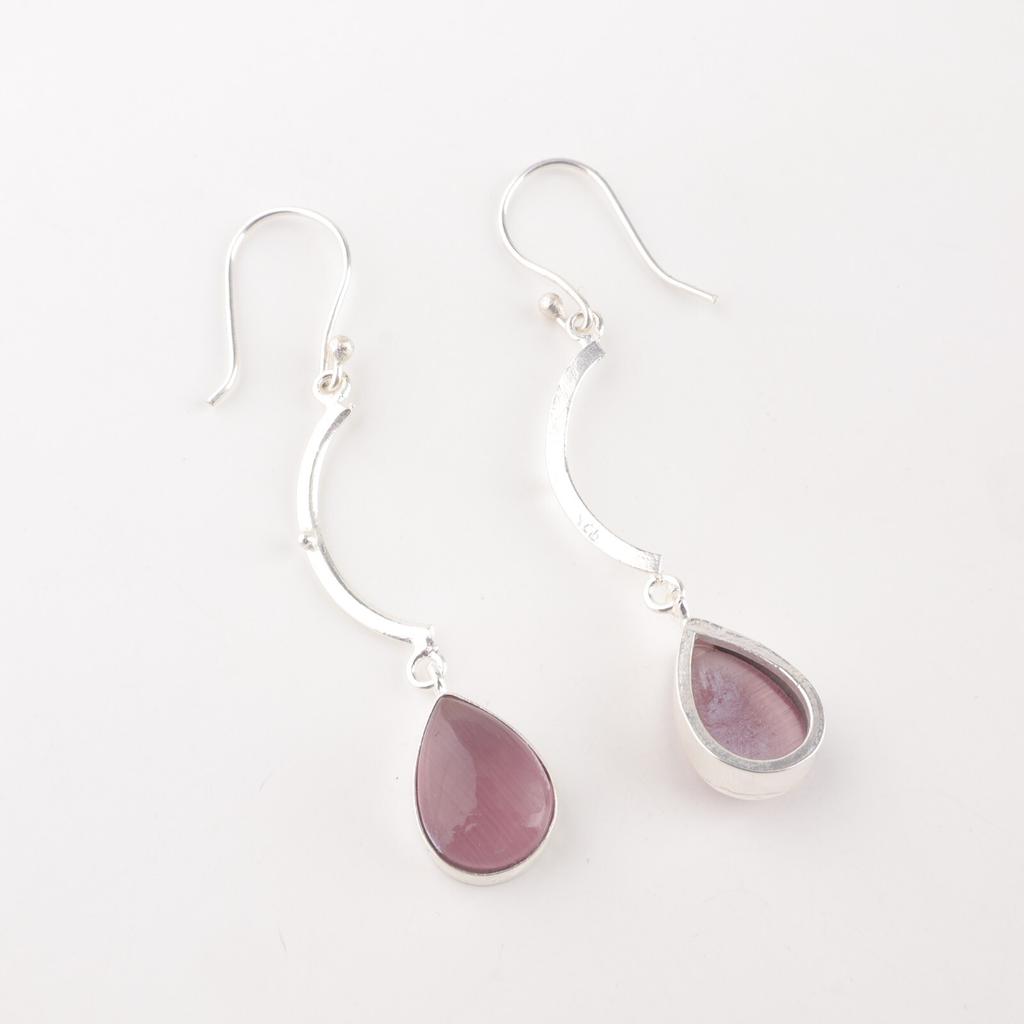 Purple Cat's Eye Gemstone 925 Fine Silver Jewelry Handmade Silver Earrings 2.60" EE-43-45