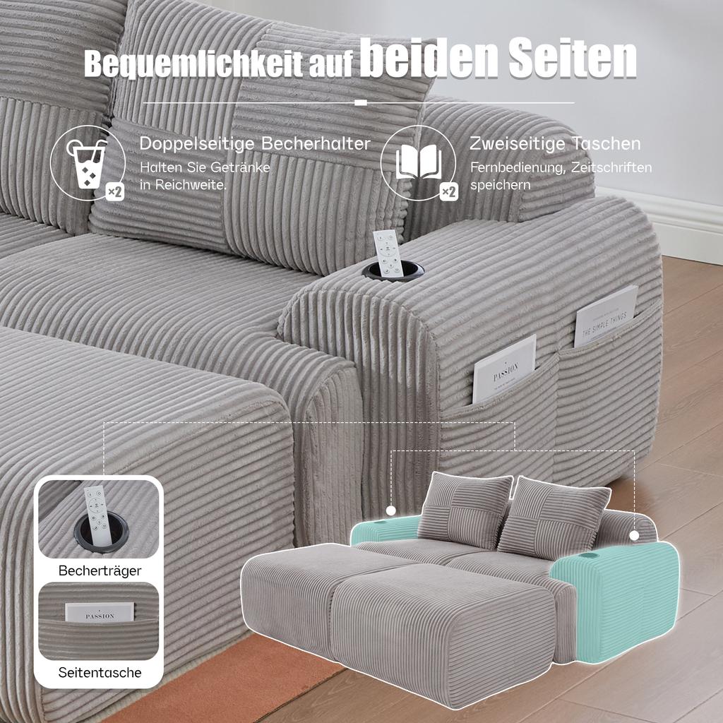 Modular Corduroy Sofa for 2 People (with 2 Stools), Including Drink Holder and Side Storage Bag, Ideal for Living Room, Family Room. Khaki. Light Grey