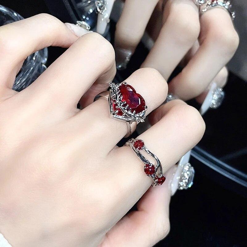 

Kpop модные панк красные кристаллические сердца нерегулярные открытые металлические кольца женские винтажные гранж эстетические эмо Y2K ювелирные аксессуары