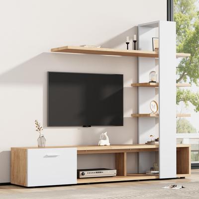 Meble do salonu, Zestaw mebli do salonu, 1x Szafka RTV, Półka ścienna, Kompletny, Elegancka ściana medialna, Dużo miejsca do przechowywania, Telewizory 60 cali, Biały i kolor drewna