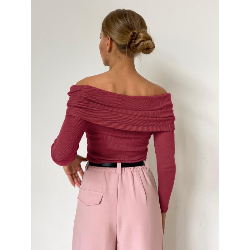 Spring and Autumn Off Shoulder Knitted Shirt Sexy Slimming Solid Color Long Sleeve Women's T-shirts