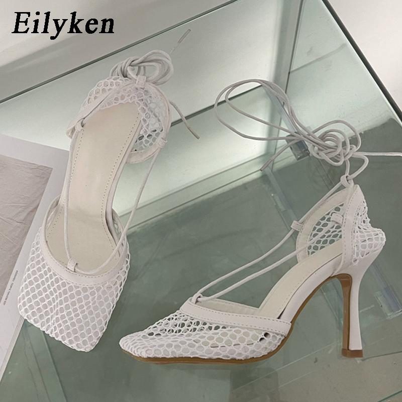 Fashion Eilyken Spring Mesh Casual Pumps Sandals Female Square Toe High Heel Lace Up Cross-tied Stiletto Hollow Dress Tacones De Mujer