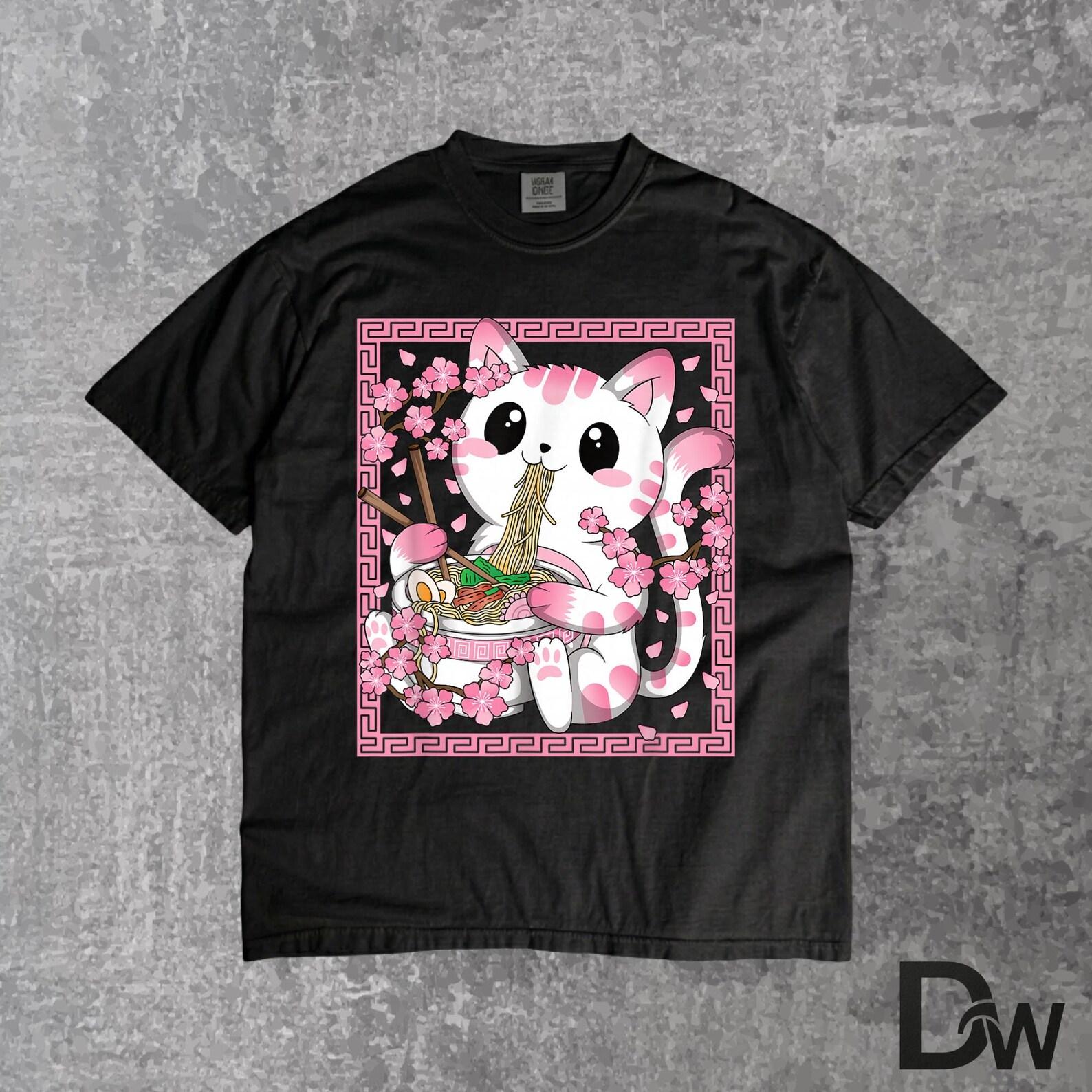 Kawaii Cat Ramen Cherry Blossom T-Shirt | Cute Japanese Anime Graphic Tee, Gift for Women Girls S