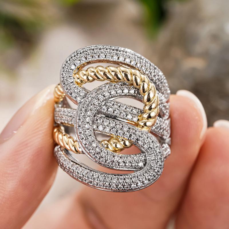 Shiny multi-layer three-dimensional line interwoven ring, business style copper plating two-color hollow geometric wide version ring