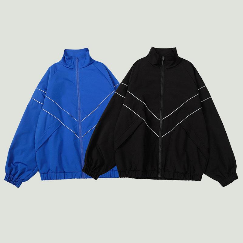 Jachete hip hop cu dungi reflectorizante pentru bărbați, Harajuku, cu fermoar, patchwork, îmbrăcăminte de vânt, ocazional, largi, varsity, unisex, albastru