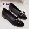 Women's Pointed Toe Low Heel Pumps PU Leather Bow Rhinestone Decor Slip on Flats Comfortable Block Heel Shoes