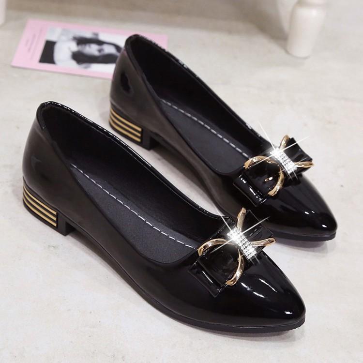 Women's Pointed Toe Low Heel Pumps PU Leather Bow Rhinestone Decor Slip on Flats Comfortable Block Heel Shoes