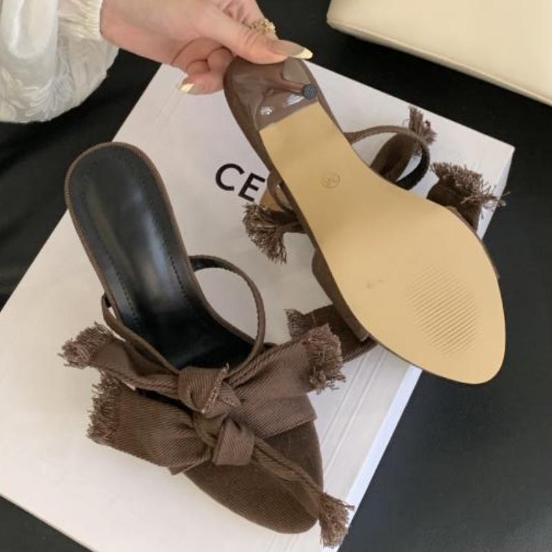 Fashion Denim Butterfly-knot Design Brand Slippers Women Fashion Pointed Toe Thin Heel Slide Sandals Elegant Party Dress Zapatos Mujer