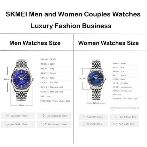 Relojes de Pareja SKMEI, Popular Set de Relojes de Pareja para Hombre y Mujer, Clásico Plateado con Correa de Acero Inoxidable, Resistente al Agua, Negocios, Marca de Lujo, G