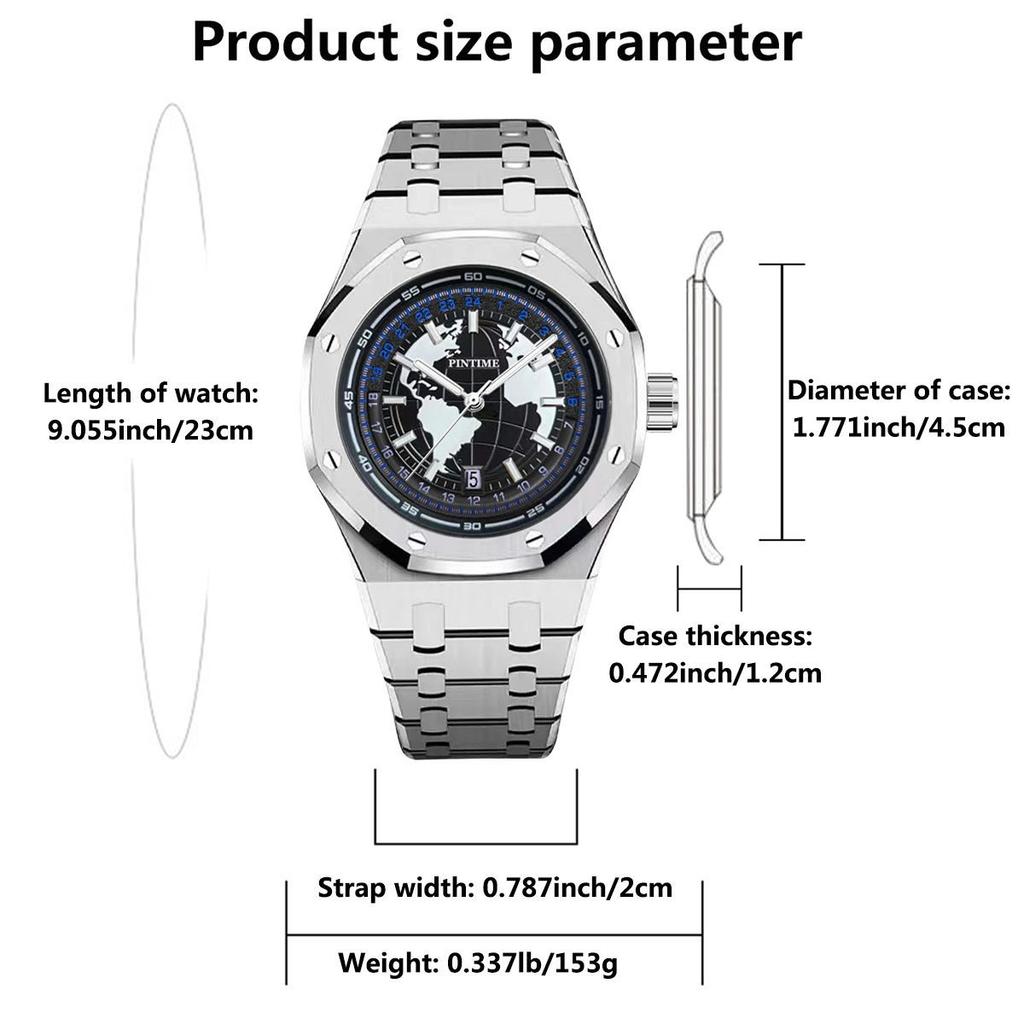 PINTIME Earth Style Men's Watches Stainless Steel Blue Planet Quartz Wristwatch for Man Luminous Waterproof Date