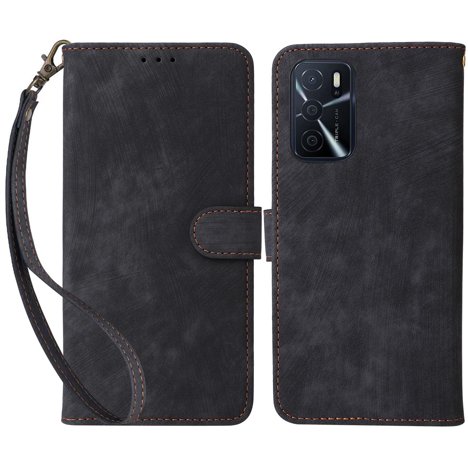 

For Oppo A16/A16s/A54 4G/A55/A55 5G/A53s 5G/A54s Stand Phone Cover RFID Blocking Wallet Leather Case with Strap Black