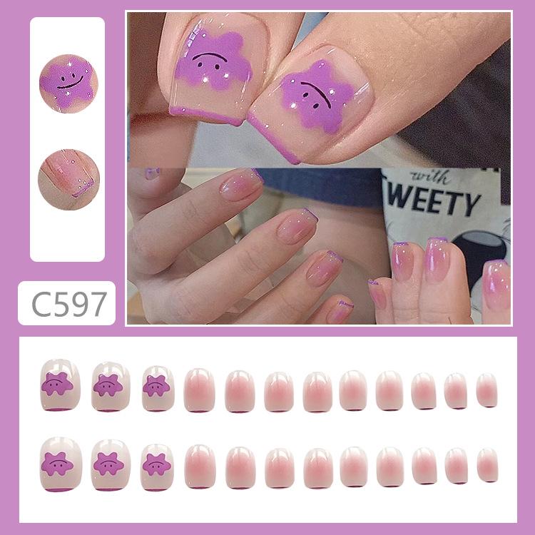 

C597-Wearable Blush Cartoon Purple French Nail Tips - Cute Student Manicure Set C597-Blush Cartoon [Glue Version]