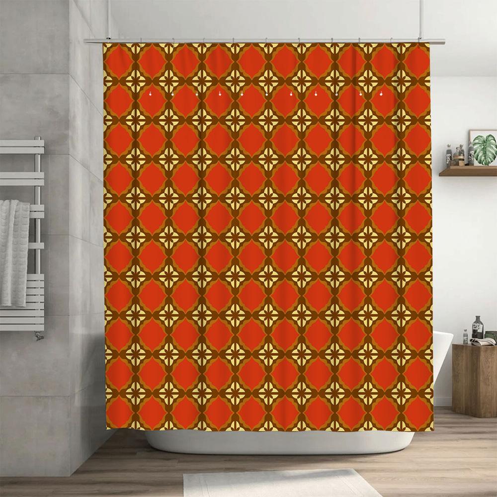 Vintage Retro Shower Curtain Geometric Floral Print Design For Bathroom Decor Home Accessories In Orange Gold Color (180 X 180Cm