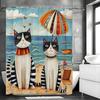 Cute Cat Ocean Beach Umbrella Shower Curtain, Bathroom Decorative Shower Curtain, Waterproof Shower Curtain with Hooks