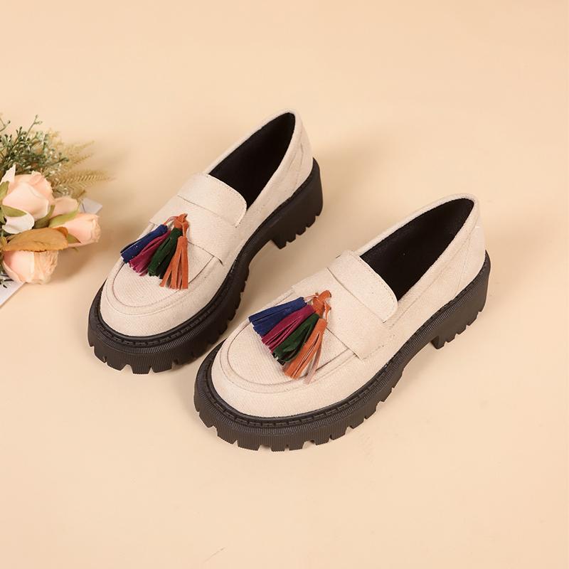 Fashion Women Platform Loafers 2024 Trend Ladies Shoes Tassels Designer Mid Heels Chunky Office Shoes Black Suede Leather
