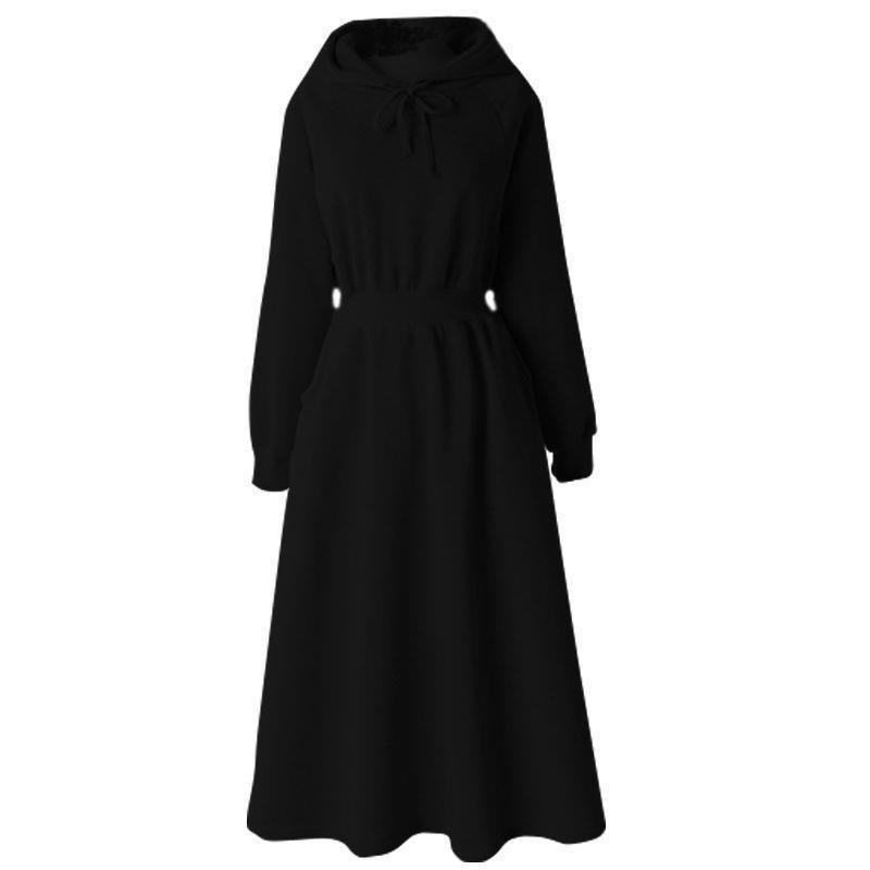 Korean Style Plus Size Hooded Sweatshirt Dress - Solid Color, Slimming Waist, Autumn/Winter Wear for Women
